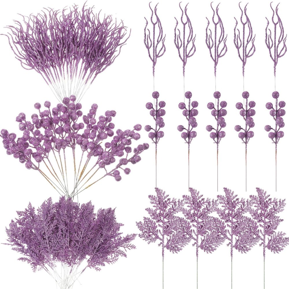 Glittery Christmas Tree Picks, 3 Styles, Berry Stems, Light Purple, 75-Piece