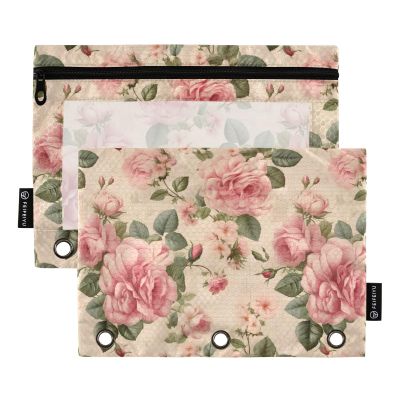 CHIFIGNO 3-Ring Pencil Pouches, Retro Pink Roses and Green Leaves, 2-Pack