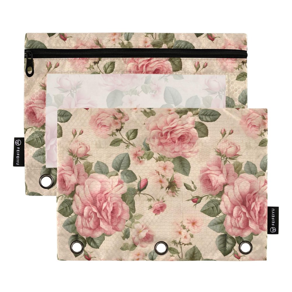 CHIFIGNO 3-Ring Pencil Pouches, Retro Pink Roses and Green Leaves, 2-Pack