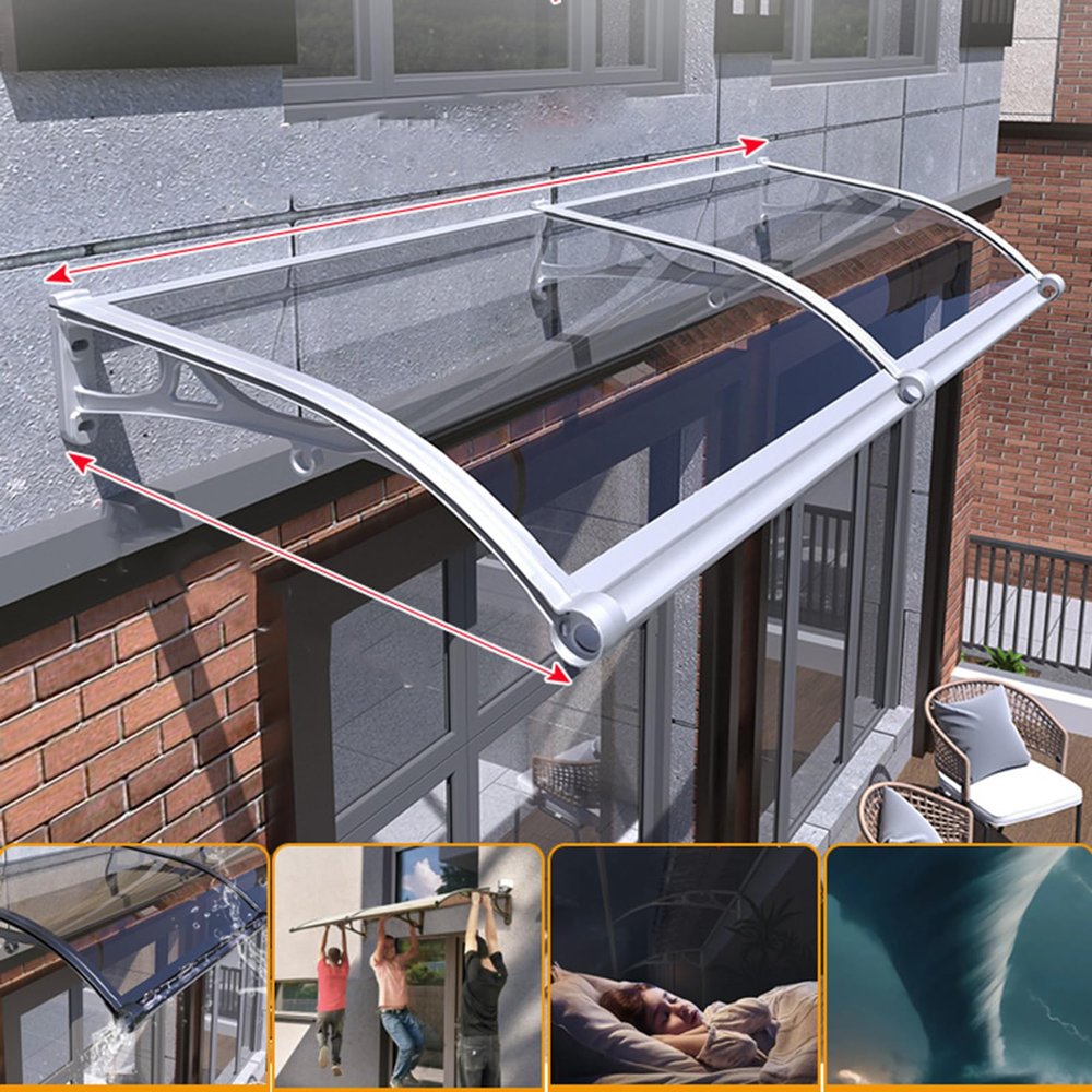 Polycarbonate Door Canopy, Transparent Curved Awning, 150 x 480 cm