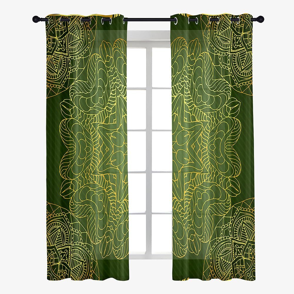 Odot Sheer Mandala Curtains with Metal Grommets, 2-Piece Set, Dark Green, 55 x 95 cm