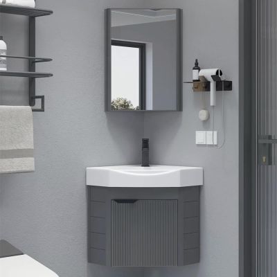 Wall-Mounted Corner Bathroom Sink with Cabinet and Mirror