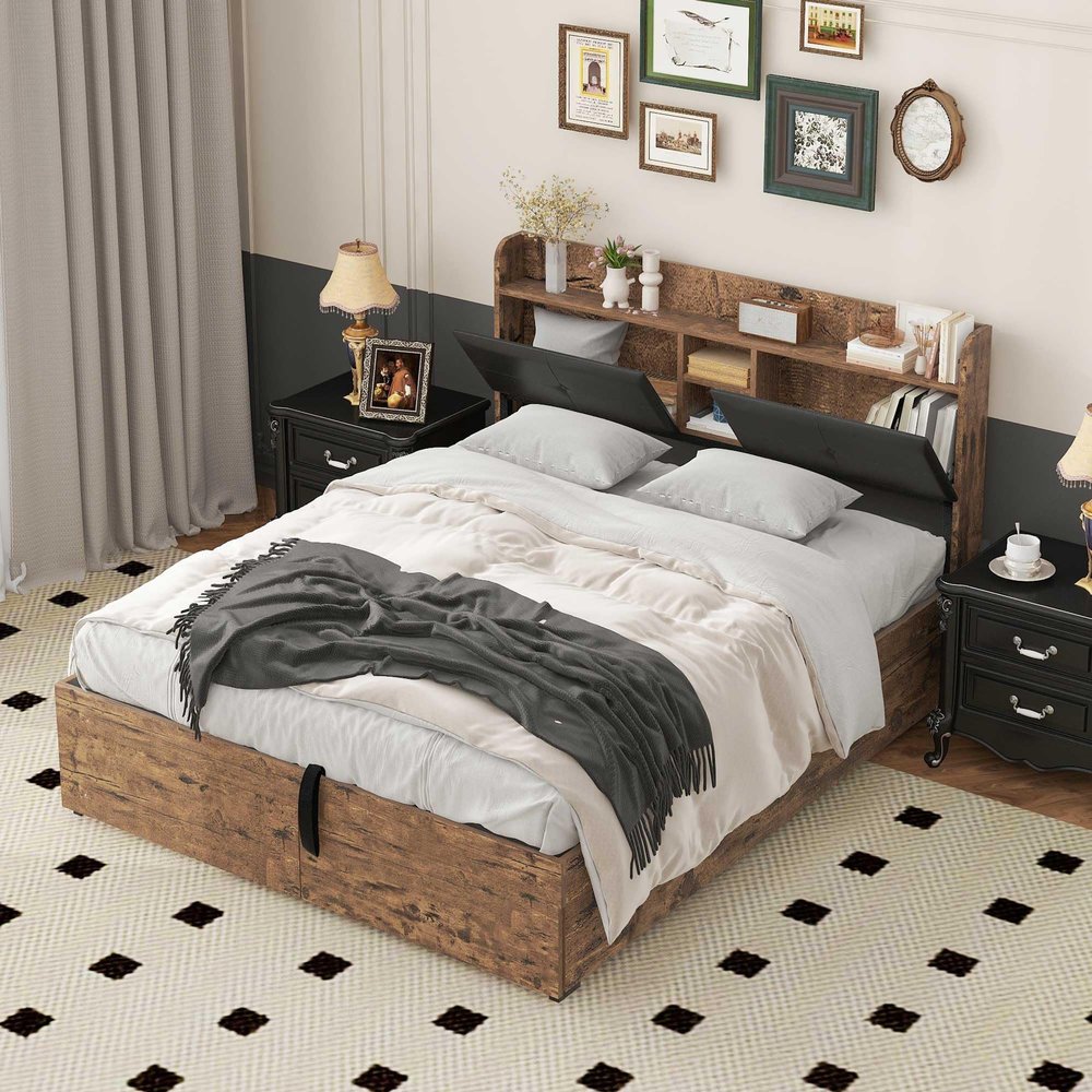 YESGIGA Metal Bed, 160 x 200 cm, Hydraulic Storage Bed with Storage Headboard, No Mattress (Black, 140 x 200 cm)
