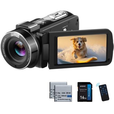 ORDRO Full HD 1080P 30MP Camcorder, 18x Digital Zoom, IR Night Vision, YouTube Video Camera with 3.0-inch 270° Rotating Screen, 16GB Card and 2 Batteries, Vlogging Camera (Black)