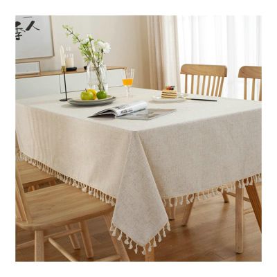 BCughia Beige Cotton Lace Tablecloth 140 x 160 cm with Tassels