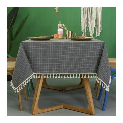BCughia 140 x 240 cm Rectangular Tablecloth, Washable Polyester Small Plaid Table Cover with Tassels, Dark Blue