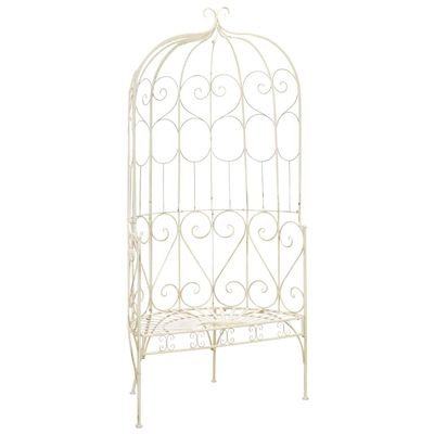 Makastle Garden Bench with Pergola, Antique-White Wrought-Iron Rose Arch, 95 x 54 x 200 cm
