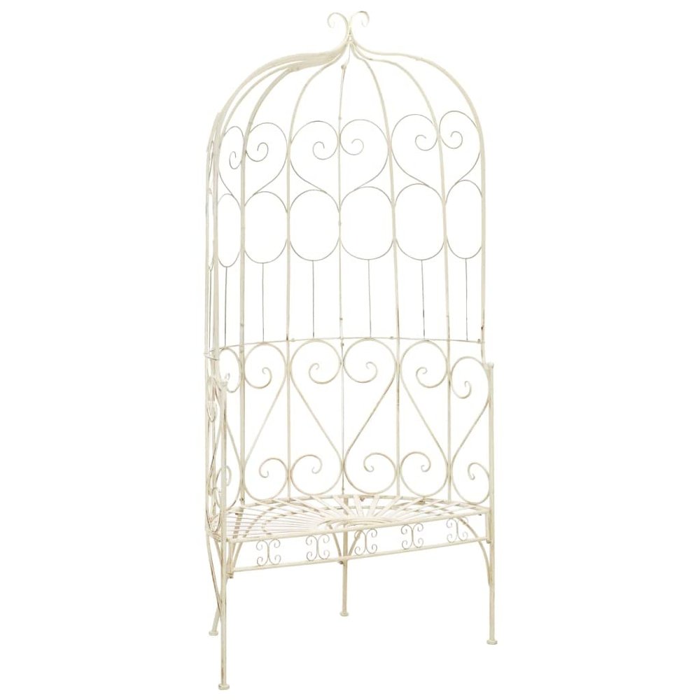 Makastle Garden Bench with Pergola, Antique-White Wrought-Iron Rose Arch, 95 x 54 x 200 cm