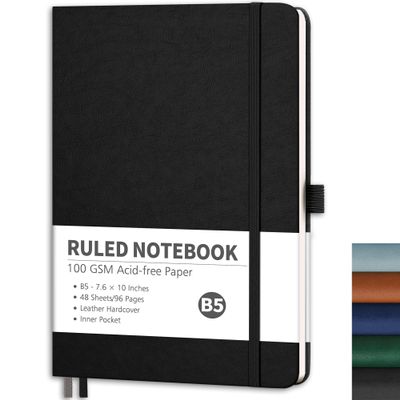 RETTACY B5 Lined Notebook, 96 Pages, Hardcover PU Leather Journal with Pen Loop, for Women and Men, Work, Office, and School, 19.3 x 25.4 cm, Black