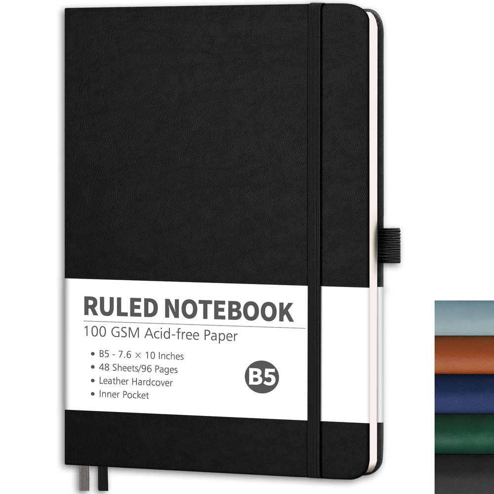 RETTACY B5 Lined Notebook, 96 Pages, Hardcover PU Leather Journal with Pen Loop, for Women and Men, Work, Office, and School, 19.3 x 25.4 cm, Black