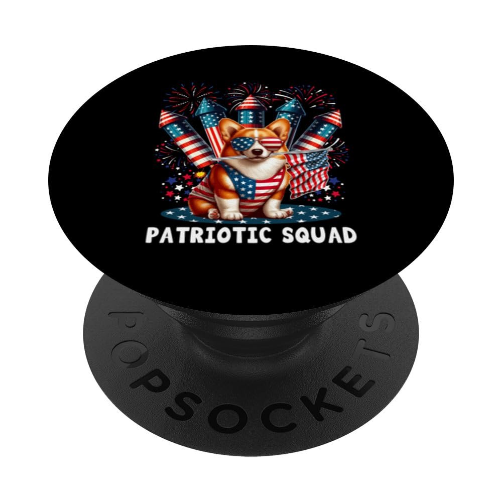 Patriotic Squad 4th of July Corgi Proud Flag Fireworks PopSockets with Interchangeable PopGrip