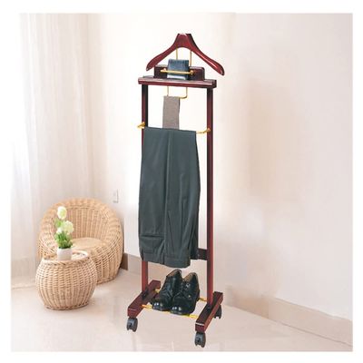 WJFLUCK Wooden Valet Stand with Wheels, Suit Hanger, Trouser Bar, Organizer Tray, Tie and Belt Hooks, and Shoe Rack