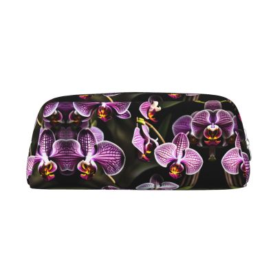HJLUUFT Leather Pencil Case with Purple Orchid Print