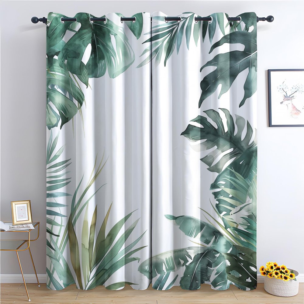 Generic Tropical Leaves Blackout Curtains, Green Leaf Design, Grommeted, 2-Piece Set, 175 x 140 cm