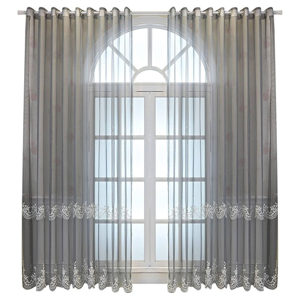Bishilin 2-Piece Gray Curtain Set, 137 x 244 cm, Semi-Sheer Jacquard with Beads