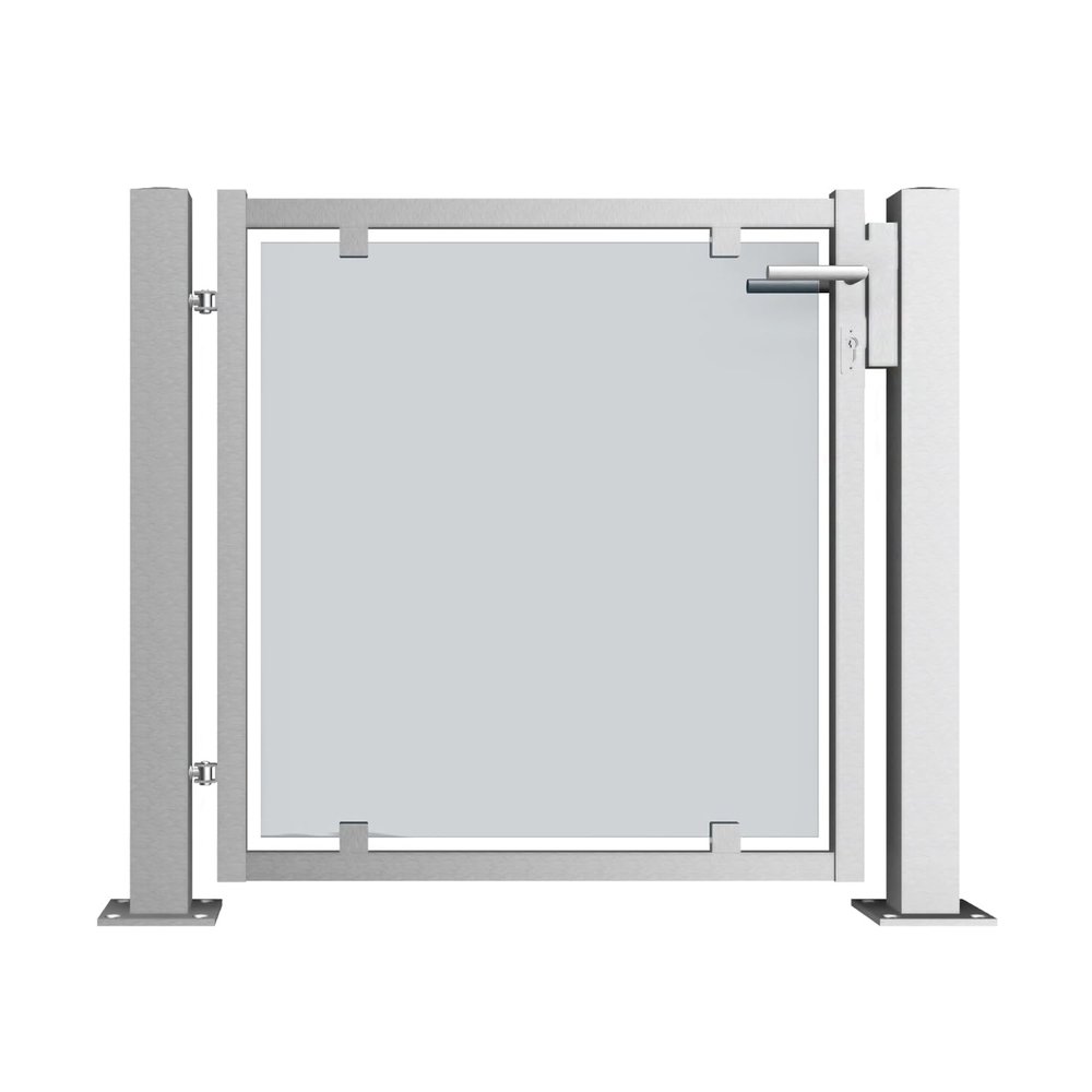 V2A Stainless Steel Garden Gate with Glass Panel – DIN Right/Left, Various Mounting Kits (Post, DIN Left, Concrete Impact Anchors)
