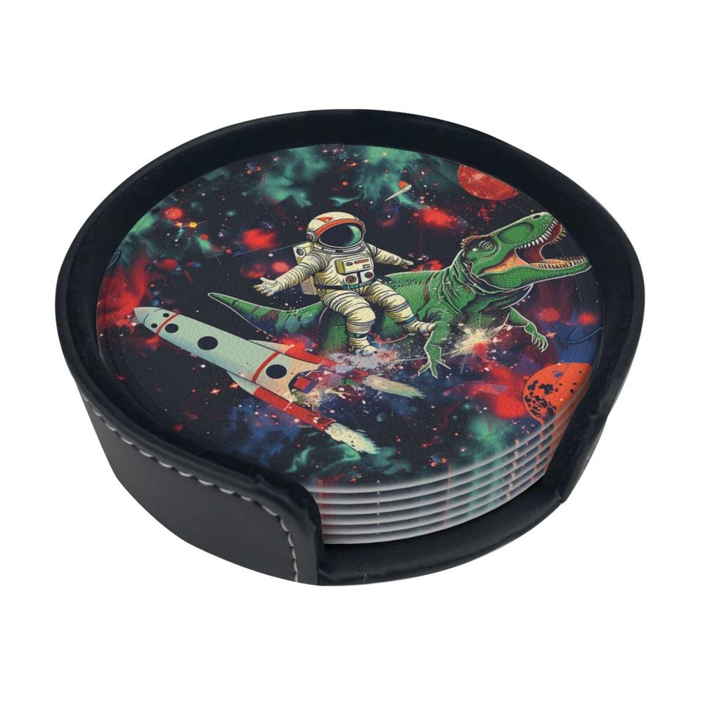 Funny Astronaut Dinosaur Rocket Printed Leather Coasters, Set of 6 with Holder
