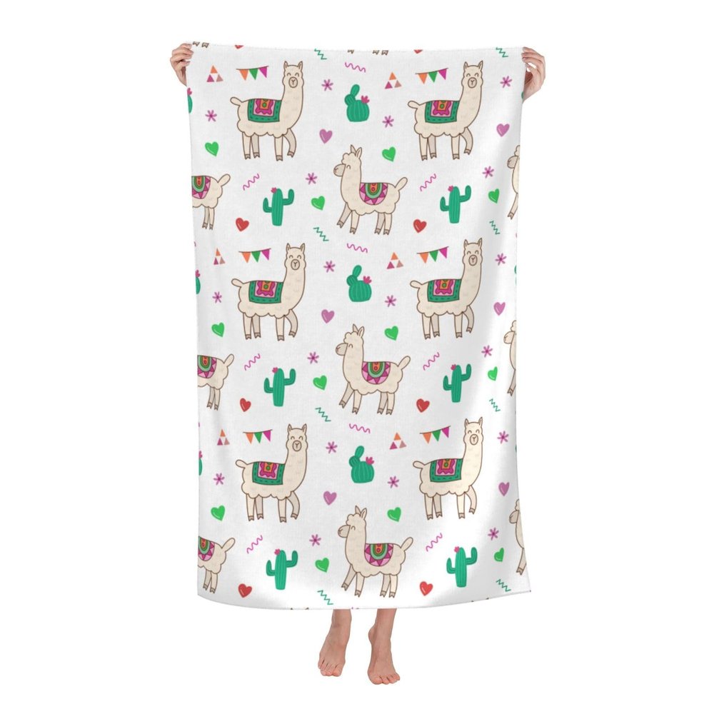 Alpaca and Cactus Art Beach Towel, 81.3 x 132.2 cm, Microfiber Beach Towel for Women and Men, Absorbent, Quick-Drying Towel for Travel, Beach and Pool