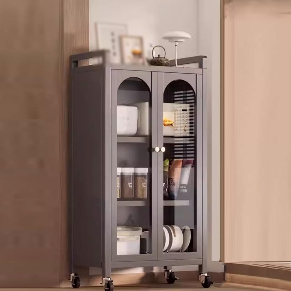 Kitchen Cabinet Organizer, Narrow Countertop Shelf with Glass Doors, Adjustable Shelves, for Spices, Pots and Pans (Black, 101.5 x 44 x 127.5 cm)