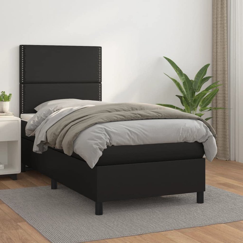 THOYTOUI Box Spring Bed with Mattress, Black Faux Leather, 90 x 190 cm