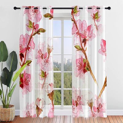 Odot Sheer Voile Curtains with Plum Blossom Print, Grommet Top, 2-Piece Set, 132 x 213 cm