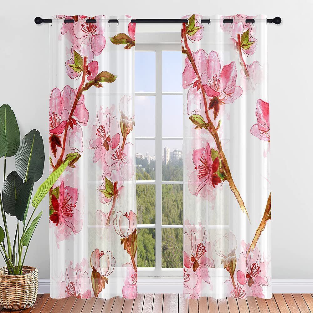 Odot Sheer Voile Curtains with Plum Blossom Print, Grommet Top, 2-Piece Set, 132 x 213 cm