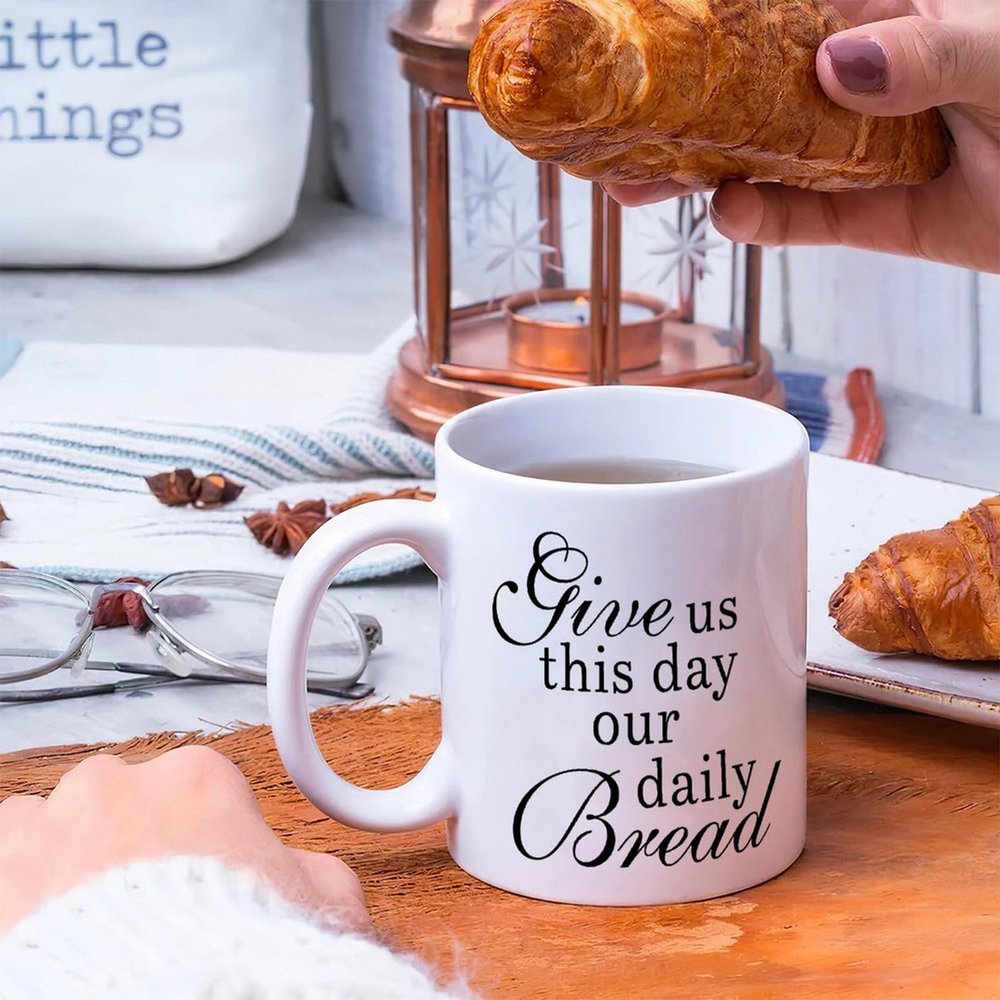 Coffee Mug with “Give Us This Day Our Daily Bread” Quote, 325 ml, Ceramic Gift Mug