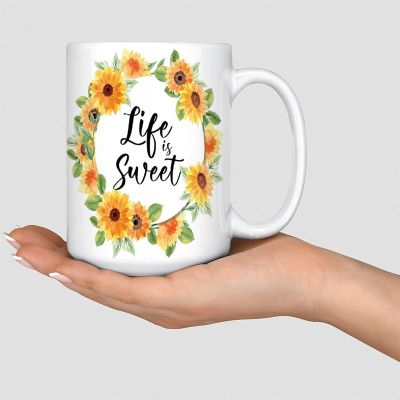 Life Is Sweet Coffee Mug, White Floral Wreath, Ceramic, 425 ml