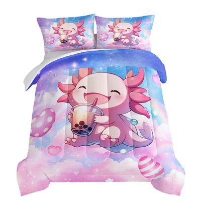 HOSIMA Pink Rainbow Axolotl Milk Tea 3-Piece Full-Size Bedding Set