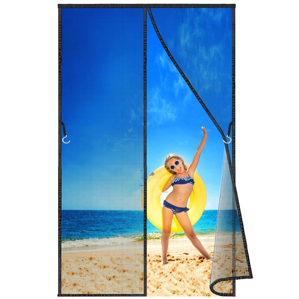 Magnetic Fly Screen Door 150 x 140 cm, Black, No-Drill Adhesive Installation