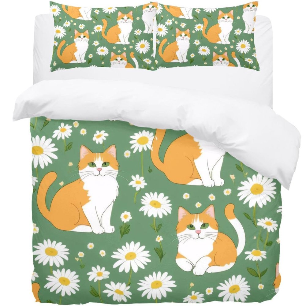 Luoweisi Cats and Daisies Duvet Cover Set, Queen Size, Microfiber