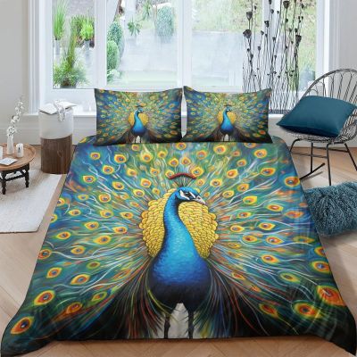 ZHUICHENG Peacock 3-Piece Bedding Set, 3D-Printed Microfiber Duvet Cover with Zipper