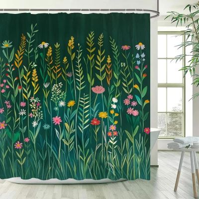 HNBFKD Green Grass and Wildflowers Shower Curtain, Waterproof, 140 x 265 cm