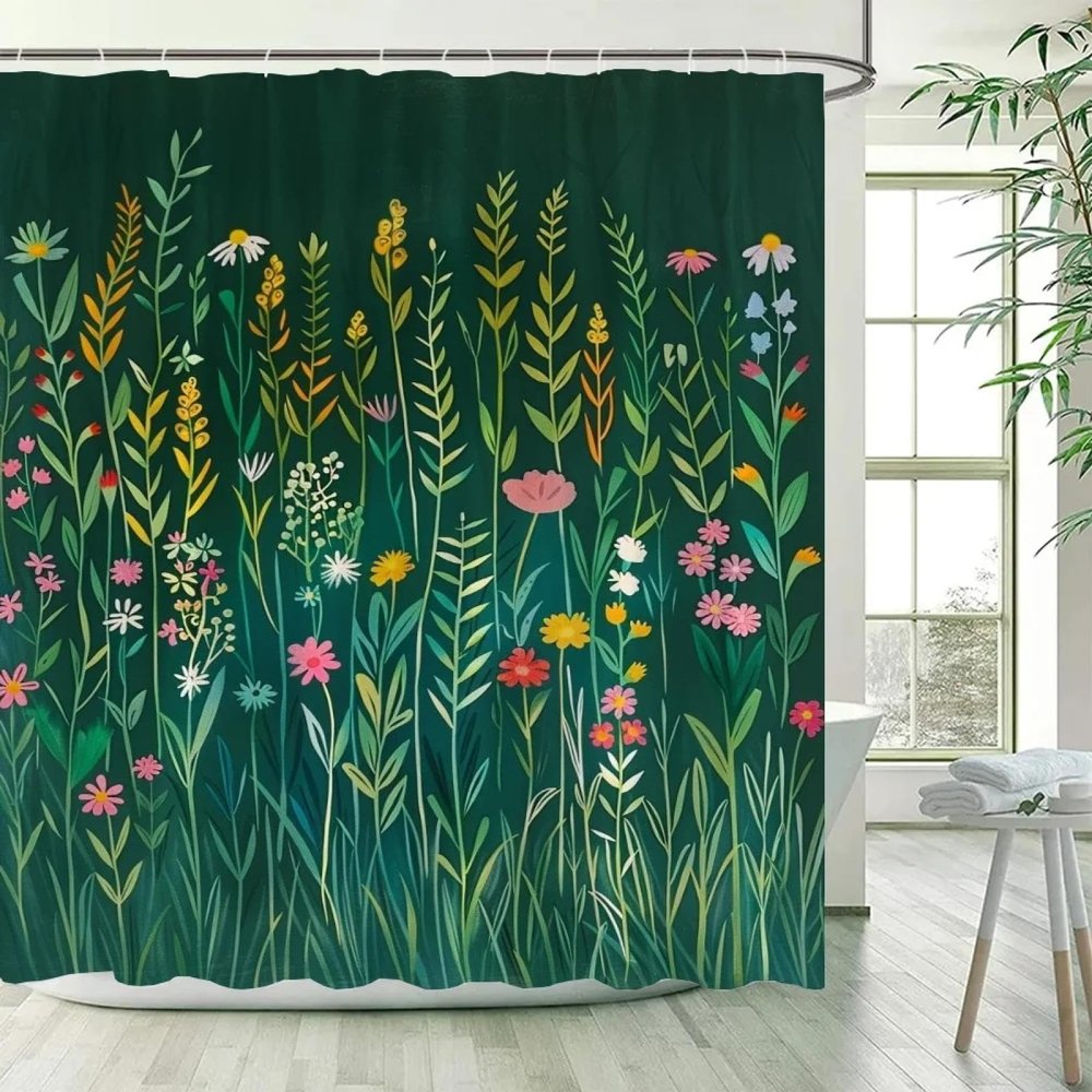 HNBFKD Green Grass and Wildflowers Shower Curtain, Waterproof, 140 x 265 cm