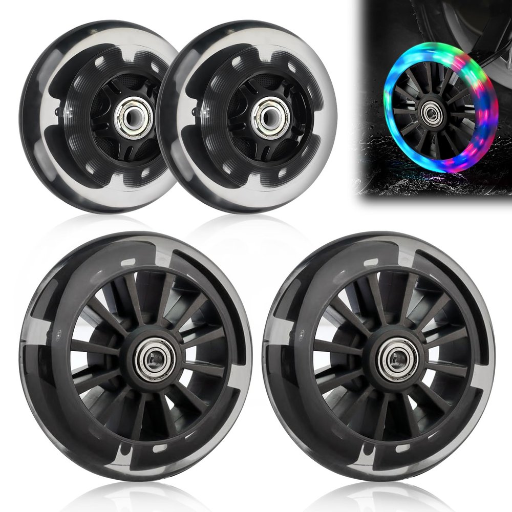 LED Scooter Wheels, 2 Pairs, 80 mm/120 mm, ABEC-7 Bearings, Black