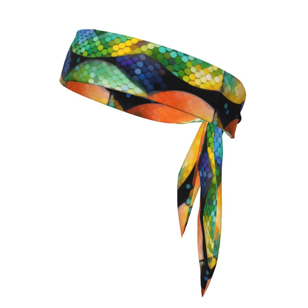Tie-Closure Reversible Sports Headband with Rainbow Fish-Scale Pattern