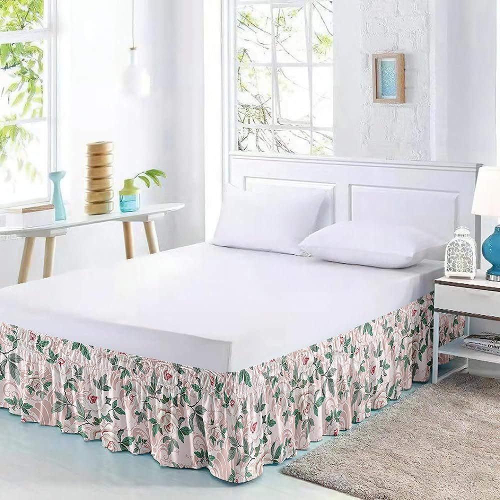 Morbuy Elastic Ruffled Wrap-Around Bed Skirt, Microfiber, 135 x 200 x 45 cm, Rose Blossom 2