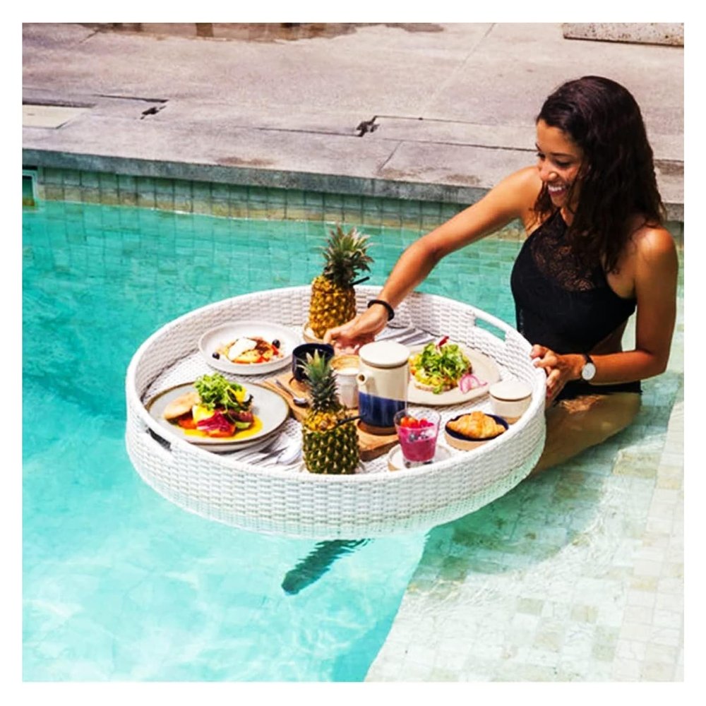 BOKNI Floating Pool Serving Tray, Woven Rattan, White