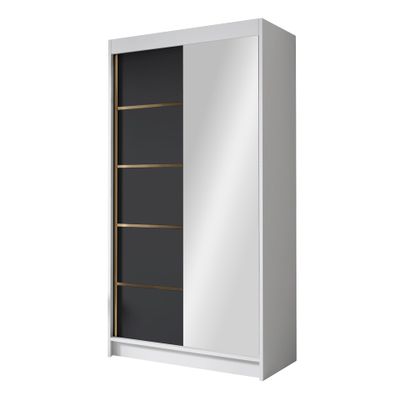 Mirjan24 Laraso III Sliding-Door Wardrobe with Gold Accents, Mirror, 120 cm, White/Black