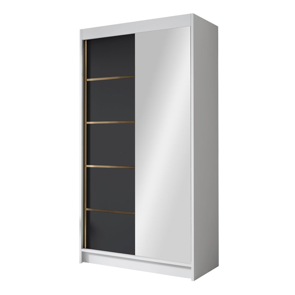 Mirjan24 Laraso III Sliding-Door Wardrobe with Gold Accents, Mirror, 120 cm, White/Black