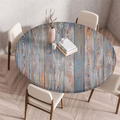 Chickwin Elastic Round Outdoor Tablecloth, Stain-Resistant, Wipeable, 3D Wood Texture, Gray Blue, 120 cm