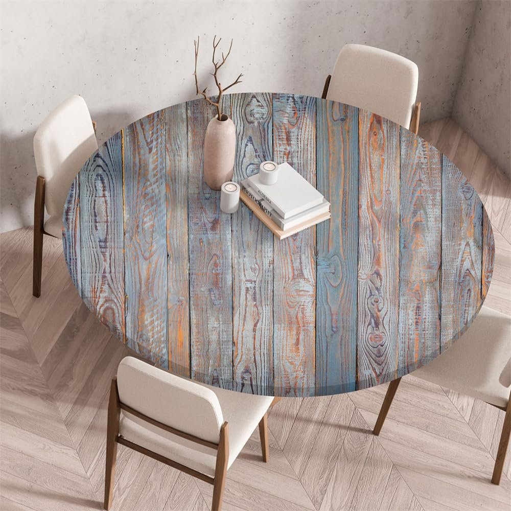 Chickwin Elastic Round Outdoor Tablecloth, Stain-Resistant, Wipeable, 3D Wood Texture, Gray Blue, 120 cm