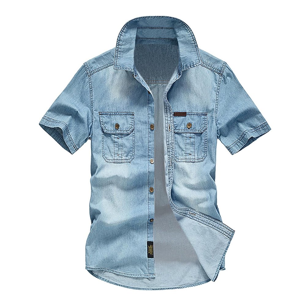 Duohropke Men's Short-Sleeve Denim Shirt, Button-Down, Slim Fit, Blue Vintage Western Shirt with Pockets