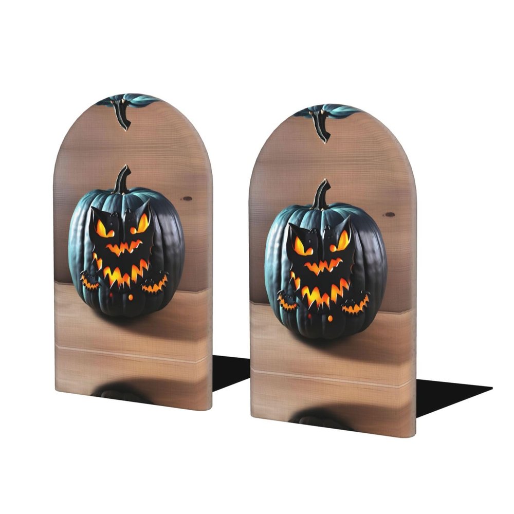 Halloween Beechwood Bookends with Bat and Pumpkin Design