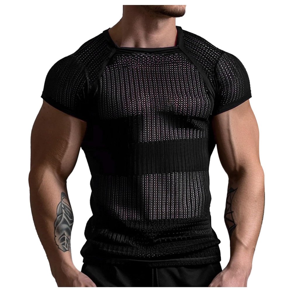 Men's Transparent Short-Sleeve Mesh T-Shirt with Crew Neck