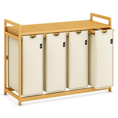 AdelDream 4-Compartment Laundry Hamper, 200 L, with Shelf, Bamboo Frame