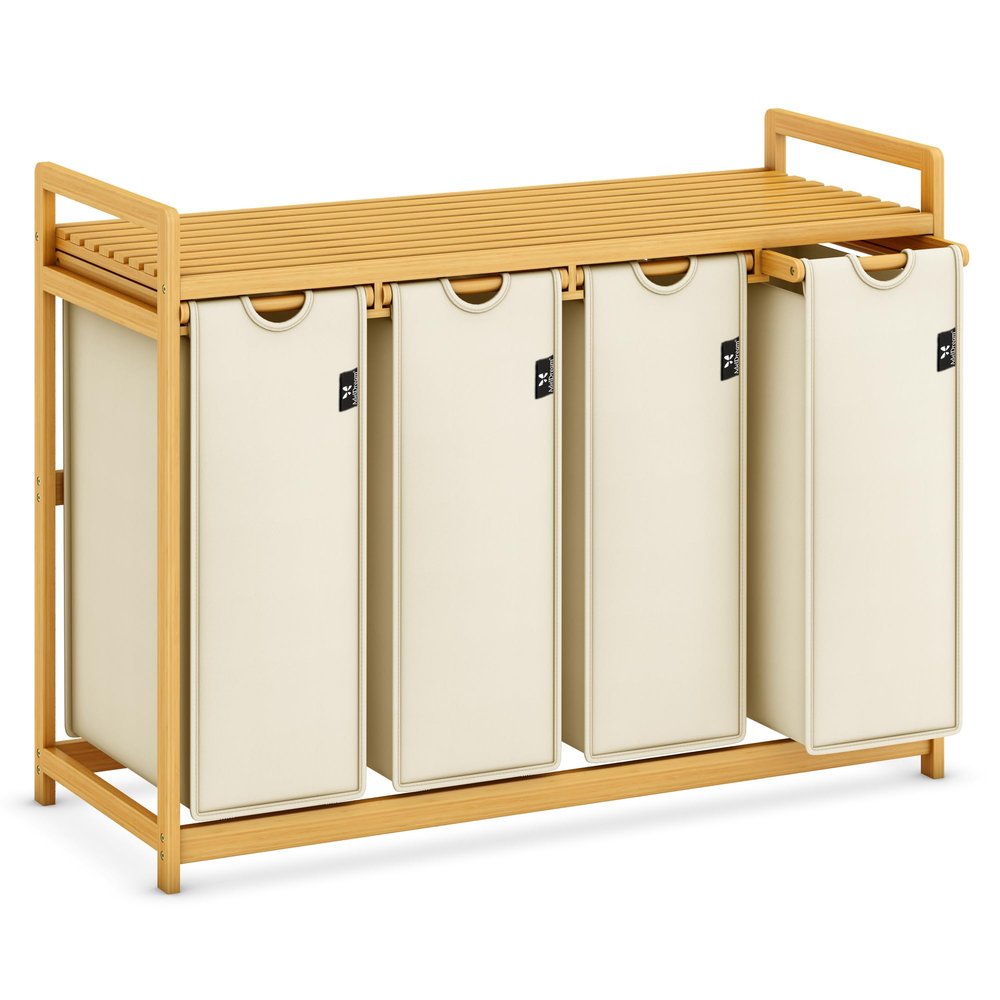 AdelDream 4-Compartment Laundry Hamper, 200 L, with Shelf, Bamboo Frame