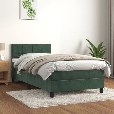 Willood Velvet Box Spring Bed with Mattress, Dark Green, 90x200 cm