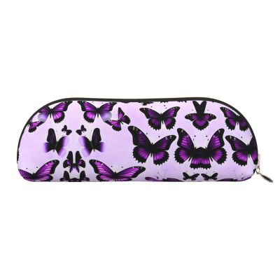 HJLUUFT Purple Butterflies Leather Half-Round Portable Pencil Case and Makeup Bag
