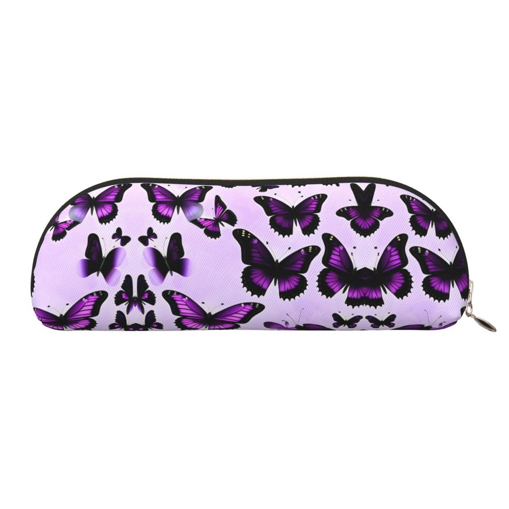 HJLUUFT Purple Butterflies Leather Half-Round Portable Pencil Case and Makeup Bag